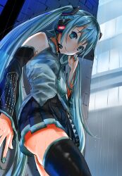  1girl black_footwear black_skirt black_sleeves blue_eyes blue_hair blue_nails blue_necktie blue_shirt blush boots breasts brick_wall closed_mouth commentary_request cowboy_shot detached_sleeves fingernails hair_between_eyes hair_ornament hatsune_miku headphones leaning_forward long_hair looking_at_viewer medium_bangs miniskirt mushi_gyouza necktie pleated_skirt rain shirt skindentation skirt sleeveless sleeveless_shirt small_breasts smile solo thigh_boots tie_clip twintails very_long_hair vocaloid wet wet_clothes 