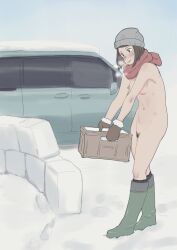  1girl black_hair bob_cut boots breasts car carrying exhibitionism female_focus female_pubic_hair footprints fur_trim green_footwear grey_headwear highres ice igloo knit_hat looking_down mittens motor_vehicle naked_scarf nipples nude original outdoors pubic_hair public_indecency red_scarf scarf shimokori small_breasts snow snow_shelter socks solo zenra  rating:Questionable score:83 user:ponekad