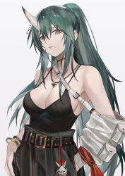  1girl :p arknights belt bracelet breasts choker cleavage crop_top detached_sleeves green_hair horns hoshiguma_(arknights) jewelry long_hair looking_at_viewer melundago necklace ponytail red_scarf scarf simple_background single_horn single_sleeve solo tongue tongue_out yellow_eyes 