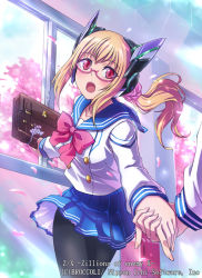 1girl :o bad_id bad_pixiv_id bag bag_charm blonde_hair blue_skirt bookbag bow briefcase charm_(object) company_name copyright_name eblmeka glasses hair_ornament headset holding_hands indoors long_hair looking_at_viewer official_art pantyhose pink-framed_eyewear pink_bow pink_eyes pleated_skirt ponytail school_briefcase school_uniform sidelocks skirt window z/x