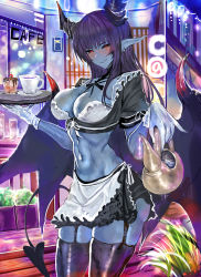  1girl absurdres apron black_hair black_horns black_sclera black_tail black_wings blue_skin blush breasts cafe coffee_pot colored_sclera colored_skin commentary commission cowboy_shot demon demon_(monster_girl_encyclopedia) demon_girl demon_horns demon_tail demon_wings english_commentary highres horns large_breasts long_hair maid maid_apron maid_cafe monster_girl monster_girl_encyclopedia monster_girl_encyclopedia_ii navel olalehee original plant pointy_ears tail thighs tray waitress wide_hips wings  rating:Sensitive score:45 user:danbooru