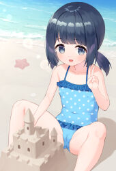  1girl beach black_hair blue_eyes blue_one-piece_swimsuit cameltoe casual_one-piece_swimsuit cleft_of_venus covered_navel highres loli looking_at_viewer low_twintails makigai makino_yume ocean one-piece_swimsuit open_mouth original outdoors polka_dot polka_dot_swimsuit sand_castle sand_sculpture short_hair short_twintails sitting smile solo spread_legs starfish swimsuit thighs twintails v  rating:Questionable score:35 user:danbooru