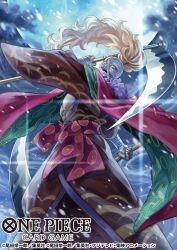  1boy abs aiming aiming_at_viewer bandaged_head bandaged_wrist bandages blonde_hair commentary_request copyright_name feet_out_of_frame glint haori highres holding holding_scythe holding_weapon japanese_clothes killer_(one_piece) kimono koushi_rokushiro male_focus obi official_art one_piece one_piece_card_game ponytail sash scythe sky smile snowing solo weapon wind 