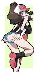 10s 1girl alternate_color ass baseball_cap blue_eyes blush boots border breasts brown_hair covered_erect_nipples creatures_(company) denim denim_shorts dobadobaakin female_focus flat_chest foot_out_of_frame from_behind game_freak grey_background hands_on_ass hat highres hilda_(pokemon) knees legs lingerie looking_at_viewer looking_back loose_clothes nintendo nipple_slip nipples open_mouth outside_border panties panty_peek pokemon pokemon_bw ponytail shiny_skin shoes shorts sideboob simple_background smile socks solo teeth tongue underwear upshorts visor_cap white_border white_panties rating:Questionable score:90 user:danbooru