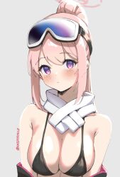  1girl bare_shoulders bikini black_bikini blue_archive blush commentary dated_commentary eimi_(blue_archive) eimi_(swimsuit)_(blue_archive) goggles goggles_on_head grey_background head_tilt looking_at_viewer off_shoulder official_alternate_costume out-of-season_outfit pink_hair ponytail purple_eyes scarf sidelocks simple_background skeptycally solo swimsuit upper_body white_scarf winter_out-of-season_outfit 