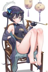  1girl armpits ass bare_legs bare_shoulders barefoot black_coat black_dress black_gloves black_hair blue_archive breasts butterfly_hair_ornament chair china_dress chinese_clothes closed_mouth coat double_bun dragon_print dress feet gloves green_eyes hair_bun hair_ornament halo hand_up highres holding iino_(isnyong) kisaki_(blue_archive) kiseru knees_up lantern legs long_hair long_sleeves looking_at_viewer no_panties off_shoulder open_clothes open_coat paper_lantern pelvic_curtain print_dress sitting sleeveless sleeveless_dress small_breasts smoking_pipe solo striped_coat thighs toes twintails very_long_hair  rating:Sensitive score:33 user:danbooru