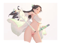  1girl bigrbear black_hair bottomless breasts brown_eyes cleft_of_venus coat cropped_legs earrings female_pubic_hair holding holding_sword holding_weapon jewelry long_hair looking_at_viewer medium_breasts navel nipples open_clothes open_coat open_mouth original pubic_hair pussy see-through solo sword two-tone_background uncensored weapon white_coat  rating:Explicit score:86 user:danbooru