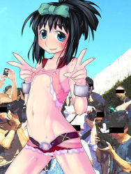  1girl bar_censor blush bodypaint bow camera censored chain covered_erect_nipples cuffs double_v exhibitionism eyebrows hair_bow handcuffs holding kunihiro_hajime looking_at_viewer multiple_boys navel open_mouth outdoors public_indecency pussy raplus saki_(manga) shiny_skin sky star_(symbol) star_tattoo tattoo v 