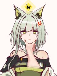  1girl anger_vein animal_ears arknights bare_shoulders cat_ears cat_girl commentary dress green_dress green_eyes green_hair hair_intakes highres kal&#039;tsit_(arknights) light_brown_background looking_at_viewer m_r_b meme off-shoulder_dress off_shoulder open_mouth pov pov_cheek_grabbing_(meme) pov_hands simple_background solo sweat upper_body 