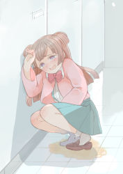 1girl bathroom between_legs blush bow bowtie brown_footwear brown_hair door embarrassed female_focus flat_chest full_body green_skirt half-closed_eyes hand_between_legs hand_up have_to_pee highres hyakumansekimasurao indoors jacket long_hair long_sleeves miniskirt nose_blush open_mouth peeing peeing_self pink_jacket pleated_skirt pretty_series pripara puddle purple_eyes red_bow red_bowtie shirt shoes skirt socks solo squatting suspender_skirt suspenders tears tsukikawa_chili wet wet_clothes white_shirt white_socks rating:Questionable score:9 user:AngryZapdos