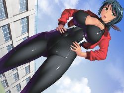 1girl black_hair blue_hair bodysuit breasts cameltoe cleavage cloud collarbone covered_erect_nipples covered_navel crotch_seam curvy dark-skinned_female dark_skin day dutch_angle female_focus fingernails from_below frown game_cg green_eyes groin hair_ribbon hands_on_own_hips hip_focus jacket large_breasts lips lipstick long_hair looking_at_viewer makeup mature_female medium_breasts momojiri_taiiku_onna_kyoushi outdoors pants parted_bangs pink_lips ponytail pov red_jacket ribbon school sidelocks skin_tight sky solo spandex standing strikes takahashi_record takazawa_aoi teacher tight_clothes tight_pants track_jacket wide_hips rating:Sensitive score:136 user:torano