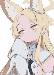  1girl amakara_surume animal_ears armpit_crease blonde_hair blue_archive blush bright_pupils buttons cheek_rest cruciform_halo detached_sleeves dress expressionless flower forehead fox_ears gradient_eyes hair_flower hair_ornament halo hand_up highres long_hair long_sleeves looking_to_the_side multicolored_eyes parted_bangs raised_eyebrows seia_(blue_archive) sidelocks simple_background sleeveless sleeveless_dress sleeves_past_fingers sleeves_past_wrists solo turtleneck turtleneck_dress white_background white_dress white_pupils white_sleeves wide_sleeves yellow_eyes yellow_halo 