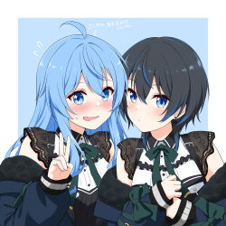 2girls ahoge bellezza_felutia black_dress black_hair blue_eyes blue_hair blue_jacket blush bow bow_earrings collared_dress cosplay crossover dress dual_persona earrings embarrassed felutiahime hair_between_eyes hand_on_own_chest highres hololive hoshimachi_suisei hoshimachi_suisei_(casual) hoshimachi_suisei_(cosplay) jacket jewelry lace lace_sleeves long_hair long_sleeves medium_hair multiple_girls neck_ribbon open_mouth puckered_lips quilted_jacket ribbon short_hair sidelocks star_(symbol) star_in_eye sweatdrop symbol_in_eye translation_request two-sided_fabric two-sided_jacket upper_body v virtual_youtuber wavy_mouth