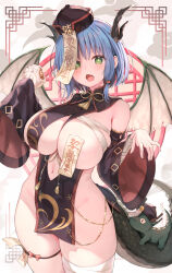  1girl blue_hair breasts china_dress chinese_clothes chinese_zodiac commentary_request detached_sleeves dragon_girl dragon_tail dragon_wings dress green_eyes hat highres jiangshi large_breasts looking_at_viewer open_mouth original qingdai_guanmao short_hair sleeves_past_wrists solo sune_(mugendai) tail thighs wings year_of_the_dragon  rating:Questionable score:20 user:danbooru