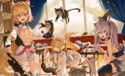  3girls ahoge alternate_breast_size animal_collar animal_ear_fluff animal_ear_piercing animal_ears areola_slip bandaid_hair_ornament belt black_collar black_pantyhose black_shirt blonde_hair blue_eyes blue_hair blue_hairband blush breasts breasts_out cat cleavage clothes_lift collar commentary cropped_shirt crossed_bangs dog_ears dog_girl dog_tail double-parted_bangs dress ear_piercing english_commentary fake_horns fuwawa_abyssgard greatodoggo grey_eyes grey_hair grey_skirt hair_between_eyes hair_flaps hair_intakes hair_ornament hairband hairclip hairpin headphones highres hololive hololive_english horns large_breasts lion_ears lion_girl lion_tail long_hair loose_belt medium_breasts messy_hair mococo_abyssgard multicolored_hair multiple_girls nipples o-ring o-ring_thigh_strap open_mouth panties pantyhose piercing pink_brooch pink_eyes pink_hair pink_hairband see-through see-through_cleavage shirt shirt_lift shishiro_botan shishiro_botan_(1st_costume) short_dress short_hair siblings single_leg_pantyhose sisters skirt sleeveless sleeveless_shirt small_breasts smile spiked_collar spikes ssrb_(shishiro_botan) streaked_hair striped striped_panties tail teeth thigh_strap thighs twins twintails two_side_up underwear unzipped upper_teeth_only very_long_hair virtual_youtuber white_dress white_shirt x_hair_ornament 