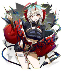  1girl :d absurdres antennae arknights arm_up belt black_belt black_shorts black_tube_top commentary crop_top cropped_legs cross-shaped_pupils demon_girl demon_horns demon_tail dot_nose english_commentary finger_gun hair_intakes halftone highres holding horns jacket leaning_forward looking_at_viewer midriff open_clothes open_jacket open_mouth orange_eyes red_horns red_jacket short_shorts shorts smile solo strapless symbol-shaped_pupils tail teeth thigh_belt thigh_strap thighs tube_top upper_teeth_only w_(arknights) watermark white_background white_belt wide_sleeves wis&#039;adel_(arknights) yun-yang 