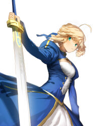  1girl ahoge artoria_pendragon_(all) artoria_pendragon_(fate) blonde_hair blue_dress blue_ribbon braid breasts cleavage_cutout closed_mouth clothing_cutout dress excalibur_(fate/stay_night) fate/grand_order fate_(series) green_eyes hair_ribbon highres holding holding_sword holding_weapon juliet_sleeves long_sleeves looking_at_viewer nanbo_ataru_(attall) painttool_sai_(medium) photoshop_(medium) puffy_sleeves ribbon saber_(fate) short_hair simple_background small_breasts solo sword weapon white_background 