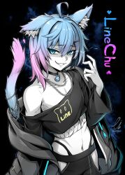  1boy ahoge animal_ear_fluff animal_ears black_choker black_shirt blue_eyes blue_fur blue_hair cat_boy cat_ears chain chain_necklace choker commission ebiblue evil_smile highres indie_virtual_youtuber jewelry linechu long_sleeves looking_at_viewer medium_hair mixed-language_commentary multicolored_fur navel necklace pink_fur pink_hair shirt skeb_commission smile smug teeth virtual_youtuber  rating:Sensitive score:7 user:danbooru