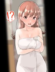  !? 1girl after_bathing blurry blurry_background breasts brown_eyes brown_hair furaggu_(frag_0416) highres kantai_collection large_breasts long_hair looking_at_viewer ooi_(kancolle) pov_doorway solo speech_bubble spoken_interrobang standing surprised 