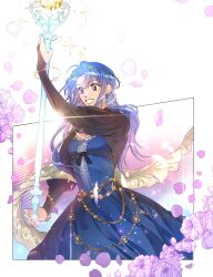  1girl 5altybitter5 blue_dress blue_hair breasts cleavage copyright_name copyright_request dress earrings glint gradient_hair hand_up highres holding holding_scepter jewelry long_sleeves multicolored_hair pink_eyes purple_hair scepter small_breasts smile solo 