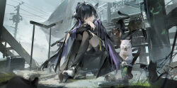  1girl absurdres animal_ears arknights black_cat black_jacket black_shorts black_thighhighs blue_hair brown_eyes can card cat cat_ears cat_girl cat_tail closed_mouth commentary_request credit_card crossed_arms dark_blue_hair expressionless fish_in_mouth full_body graffiti grey_sky highres holding holding_card jacket jessica_(arknights) jessica_the_liberated_(arknights) leaning_forward long_hair long_sleeves looking_at_viewer outdoors ponytail puddle purple_hair shorts sitting sky solo spray_paint stairs steel_beam tail thighhighs tracyton utility_pole very_long_hair white_cat white_footwear 