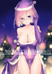 1girl alternate_costume bare_shoulders blurry blush bokeh breasts cleavage closed_mouth covered_erect_nipples cowboy_shot depth_of_field elbow_gloves fate/grand_order fate_(series) glasses gloves gluteal_fold gogatsu_fukuin hair_over_one_eye hat highres large_breasts leotard light_purple_hair lips looking_at_viewer mash_kyrielight merry_christmas outdoors pink_hair purple_eyes purple_leotard santa_hat semi-rimless_eyewear short_hair smile solo under-rim_eyewear rating:Questionable score:9 user:danbooru
