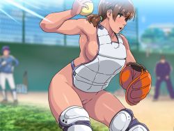  1girl 2boys areola_slip armpits bare_shoulders baseball baseball_glove baseball_uniform blurry blush bottomless breasts brown_eyes brown_hair cleft_of_venus clothed_male_nude_female cowboy_shot day depth_of_field medium_hair multiple_boys nighthawk_(circle) nude pussy sideboob small_nipples sportswear standing tagme uncensored vest  rating:Explicit score:113 user:bloke42