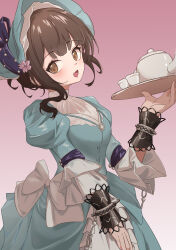  1girl :d absurdres blue_dress blue_hat blunt_bangs bonnet bow breasts brown_eyes brown_hair chain cherry_blossoms chi_jiecao_de_tianshi cuffs cup dress dress_bow flower from_side gown gradient_background hair_flower hair_ornament hand_up hat highres holding holding_tray juliet_sleeves long_sleeves looking_at_viewer official_alternate_costume open_mouth pink_background pink_flower puffy_sleeves reverse:1999 satsuki_(reverse:1999) short_hair smile solo teacup teapot tray upper_body white_bow 
