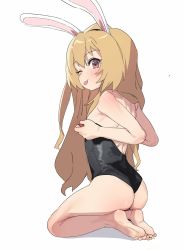  1girl absurdres aisaka_taiga animal_ears ass bad_id bad_twitter_id bare_back bare_shoulders barefoot blush closed_mouth dorontabi eyebrows eyelashes fake_animal_ears feet female_focus full_body highres kneeling legs_together leotard light_brown_hair loli long_hair looking_at_viewer looking_back one_eye_closed pinup_(style) playboy_bunny rabbit_ears red_eyes simple_background soles solo teasing toes tongue tongue_out toradora! white_background  rating:Questionable score:456 user:danbooru