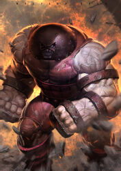  1boy absurdres alex_malveda armlet armor artist_name biceps bracelet brass_knuckles bullet_hole clenched_hands clenched_teeth commentary dated debris english_commentary fire helmet highres jewelry juggernaut_(x-men) looking_at_viewer male_focus marvel motion_blur muscular muscular_male pants red_pants red_shirt rock scar scar_on_arm shirt sleeveless sleeveless_shirt solo standing teeth thick_arms torn_clothes torn_shirt v-shaped_eyebrows veins watermark weapon x-men 