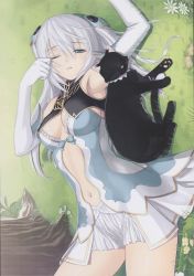  1girl absurdres altina_(shining_blade) animal arm_up armpits belly blue_eyes blush breasts cat cleavage elbow_gloves elf gloves hair_ornament highres long_hair lying navel open_mouth pointy_ears scan sega shining_(series) shining_blade shining_world silver_hair tony_taka twintails waking_up white_gloves  rating:Sensitive score:40 user:danbooru