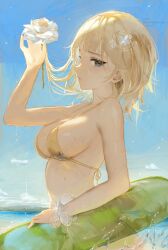  1girl absurdres arm_up artist_name bare_arms bare_shoulders beach bikini blonde_hair blue_sky breasts commentary day dayshiart email_address english_commentary flower from_side hair_ornament halterneck highres holding holding_flower hololive hololive_english innertube large_breasts looking_at_viewer medium_hair ocean outdoors parted_lips profile scrunchie sideways_glance sky solo sparkling_eyes swim_ring swimsuit teeth twitter_username virtual_youtuber water watson_amelia wet white_flower white_scrunchie wrist_scrunchie yellow_bikini 
