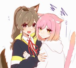  2girls :d absurdres alternate_hairstyle animal_ear_fluff animal_ears annoyed black_jacket blush brown_hair cat_ears cat_girl cat_tail clenched_teeth collared_shirt commentary_request d4dj dog_ears dog_girl dog_tail fang flying_sweatdrops gradient_hair hair_between_eyes hand_on_another&#039;s_arm hand_on_another&#039;s_chest high_ponytail highres hood hood_down hoodie inuyose_shinobu jacket kemonomimi_mode long_hair long_sleeves looking_at_another looking_at_viewer looking_to_the_side motion_lines multicolored_hair multiple_girls neck_ribbon nervous open_mouth orange_hair parted_lips pink_hair ponytail red_eyes red_ribbon ribbon royyy999 school_uniform shirt short_hair sidelocks simple_background skin_fang sleeves_past_wrists smile squiggle sweatdrop tail tail_raised teeth translated two-tone_hair upper_body v-shaped_eyebrows white_background white_hoodie white_shirt yamate_kyouko yellow_eyes 