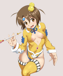  1girl accessories breasts brown_eyes brown_hair cleavage cleavage_cutout clothing_cutout covered_erect_nipples dress funnyari hair_ornament highres jewelry leotard norma_beatty open_mouth short_dress short_hair smile solo tales_of_(series) tales_of_legendia  rating:Questionable score:64 user:Alex23443