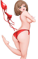  1girl absurdres ass back barefoot blush bra breasts brown_hair covering_breasts covering_privates feet foot_out_of_frame gibun_(sozoshu) highres large_breasts legs looking_at_viewer looking_back mai_machiko maicching_machiko-sensei medium_hair open_mouth panties red_bra red_panties sideboob solo swimsuit toenails toes underwear white_background 