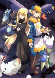  1boy 1girl belt blonde_hair boots brown_footwear closed_mouth coat commentary_request creatures_(company) crossed_arms cynthia_(pokemon) game_freak garchomp gen_4_pokemon hair_ornament hair_over_one_eye high_heels highres holding holding_poke_ball long_hair long_sleeves lucario nintendo pants poke_ball poke_ball_(legends) pokemon pokemon_(creature) pokemon_legends:_arceus roserade smile standing togekiss volo_(pokemon) watermark yomogi_(black-elf) 