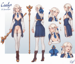  1girl blue_bow boots bow braid breasts capelet character_name character_sheet cleft_of_venus commission flat_chest glasses high_heel_boots high_heels highres holding holding_staff lips long_hair multiple_views nipples open_mouth original personal_ami pointy_ears pussy rimless_eyewear round_eyewear showgirl_skirt small_breasts smile staff thighhighs twin_braids uncensored white_hair white_thighhighs yellow_eyes 