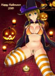  10s 2010 bikini blonde_hair bottomless candle cleft_of_venus dragon@harry earrings green_eyes halloween hat highres jack-o&#039;-lantern jewelry navel pubic_hair pumpkin pussy striped_legwear swimsuit thighhighs uncensored witch_hat  rating:Explicit score:36 user:diosoth