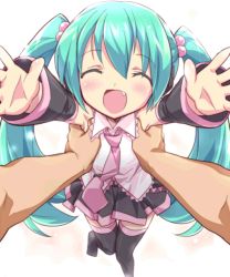  1girl animated animated_gif aqua_hair closed_eyes detached_sleeves eeeeee fang gift hair_bobbles hair_ornament happy_birthday hatsune_miku holding_hands long_hair necktie open_mouth petite_miku skirt smile thighhighs twintails very_long_hair vocaloid zettai_ryouiki  rating:Sensitive score:60 user:danbooru