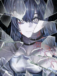  1girl absurdres ado_(utaite) app_filter black_choker blood bloody_tears blue_hair broken_glass choker closed_mouth cloud_nine_inc collarbone constricted_pupils dress glass glass_shards hair_between_eyes highres light_frown long_hair looking_at_viewer nemophila2929 pale_skin reflection shattered solo straight-on straight_hair unravel_(song) upper_body veins white_dress wide-eyed 