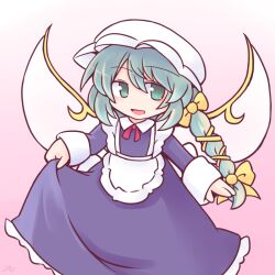 1girl 216 alternate_hairstyle apron black_dress braid clothes_lift commentary daiyousei dress gradient_background green_eyes green_hair hat lifting_own_clothes long_hair looking_at_viewer maid mob_cap open_mouth pink_background side_braid solo touhou white_apron white_hat wings