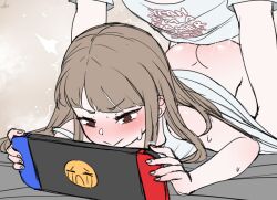  1boy 1girl age_difference anatomy_of_a_gamer_(meme) ass blush bottomless brown_hair child_gf_(orenji) clothed_sex clothes_lift crying_emoji doggystyle dress dress_lift ear_blush emoji female_focus gamer_(orenji) handheld_game_console hetero loli long_hair lying motion_lines nintendo_switch on_bed on_stomach playing_games prone_bone sex sex_from_behind size_difference slimyylolitrash sweat sweatdrop thrust_lines vaginal video_game 