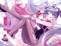  1girl absurdly_long_hair animal_ears bare_shoulders black_footwear black_leotard blue_eyes blurry blurry_foreground card closed_mouth commentary cuffs facial_hair fake_animal_ears fishnet_pantyhose fishnets foot_out_of_frame grey_hair hair_ornament handcuffs hatsune_miku heart heart-shaped_eyes high_heels highres leotard long_hair looking_at_viewer minoya multicolored_hair nail_polish pantyhose pink_hair pink_nails playboy_bunny playing_card rabbit_ears rabbit_hole_(vocaloid) smile solo streaked_hair teardrop_facial_mark tongue tongue_out twintails very_long_hair vocaloid x_hair_ornament 