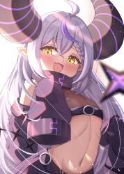  1girl absurdres ahoge blush braid braided_bangs breasts fang glowing glowing_eyes hashira_14 highres hololive holox horns la+_darknesss la+_darknesss_(1st_costume) long_hair looking_at_viewer midriff multicolored_hair navel open_mouth pointy_ears purple_hair sidelocks single_braid small_breasts smug stomach striped_horns virtual_youtuber yellow_eyes  rating:Sensitive score:35 user:lumpofnut