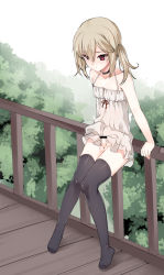  1boy androgynous arm_support bad_id bad_pixiv_id black_thighhighs blush bottomless brown_hair camisole censored choker christine_(kuro_(kuronell)) crossdressing erection highres knees_together_feet_apart long_hair male_focus original outdoors penis railing red_eyes sitting small_penis solo tama_(tamatamo) tears testicles thighhighs trap twintails  rating:Explicit score:85 user:danbooru