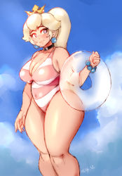  1girl bare_shoulders blonde_hair blue_background blue_eyes blush bracelet breasts choker cleavage closed_mouth collarbone covered_navel crown curvy earrings heart heart-shaped_pupils highres innertube jewelry keigi large_breasts lips long_hair looking_to_the_side mario_(series) nintendo one-piece_swimsuit plump ponytail princess_peach sky smile solo standing striped_clothes striped_one-piece_swimsuit swim_ring swimsuit symbol-shaped_pupils thick_eyebrows thick_thighs thighs wide_hips  rating:Questionable score:61 user:DarkToonLink
