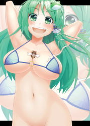 1girl :d armpits arms_behind_head arms_up between_breasts bikini bikini_top_only blush bottomless bow breasts brown_hair covered_erect_nipples detached_sleeves fang female_focus frog frog_hair_ornament giant giantess green_eyes green_hair groin hair_bow hair_ornament hakurei_reimu highres kochiya_sanae kuro_oolong large_breasts long_hair looking_at_viewer matching_hair/eyes mini_person minigirl mishaguji navel o-ring o-ring_top open_mouth out-of-frame_censoring person_between_breasts red_eyes size_difference smile snake solo swimsuit tongue touhou zoom_layer rating:Questionable score:39 user:danbooru
