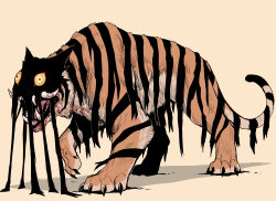  animal_focus black_eyes blood claws colored_sclera derivative_work fangs fangs_out flat_color from_side full_body gegegekman highres mind_control no_humans open_mouth original possessed possession redrawn shadow simple_background solo surreal tail tiger tongue tusks walking wide-eyed yellow_background yellow_sclera 