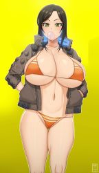  1girl absurdres bikini black_hair breasts breath blowing_bubbles chewing_gum cleavage eyebrow_raise gluteal_fold green_eyes handplug hands_in_pockets highres huge_breasts idolmaster idolmaster_cinderella_girls jacket jacket_over_swimsuit looking_at_viewer mukai_takumi navel open_clothes open_jacket orange_bikini skimpy_bikini solo steam swimsuit thigh_gap  rating:Questionable score:88 user:congealeddgtllvr