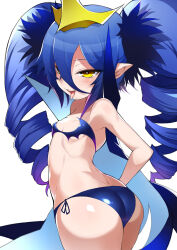  1girl ass bare_shoulders bikini blue_bikini blue_cape blue_hair blush bombergirl breasts cape crown drill_hair hair_between_eyes highres lewisia_aquablue loli long_hair looking_at_viewer micro_bikini open_mouth pointy_ears popped_collar shimejinameko small_breasts smile solo swimsuit thick_thighs thighs tongue tongue_out twin_drills yellow_eyes  rating:Questionable score:19 user:danbooru